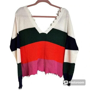 Vici deep vneck cotton sweater, frayed edges, colorblock, Small,  Distressed